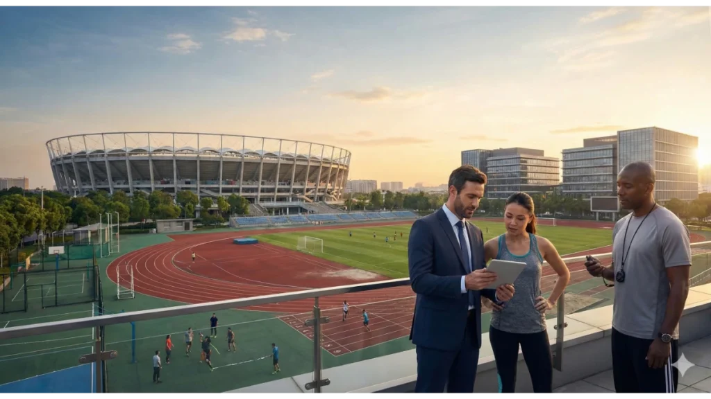 Profesionales en un complejo deportivo moderno al atardecer, representando diferentes trabajos relacionados con el deporte como la gestión, el entrenamiento y la dirección técnica