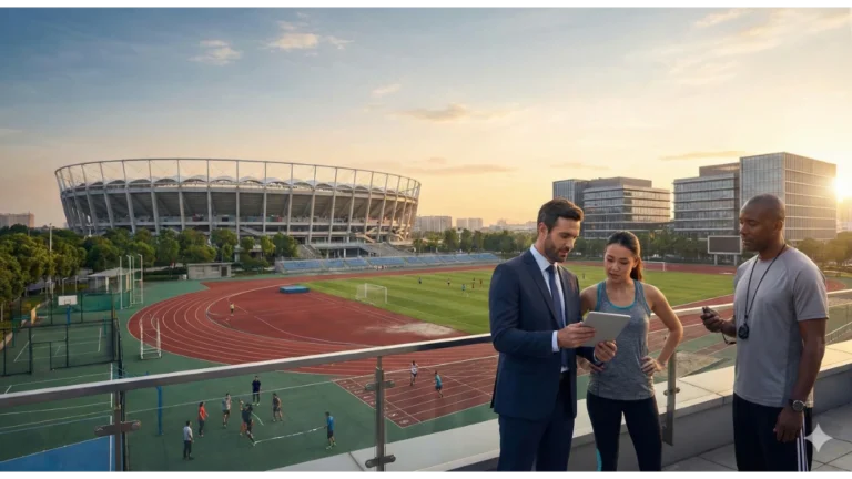 Profesionales en un complejo deportivo moderno al atardecer, representando diferentes trabajos relacionados con el deporte como la gestión, el entrenamiento y la dirección técnica