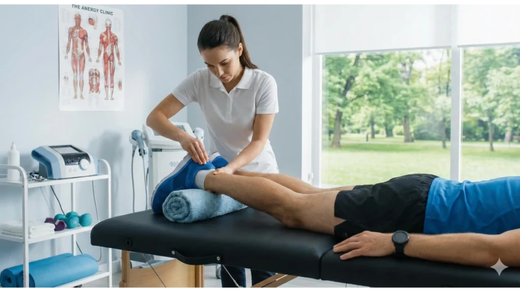 Fisioterapeuta deportiva realizando un tratamiento a un atleta en una clínica moderna, ejemplo de trabajos relacionados con el deporte en el área de la salud