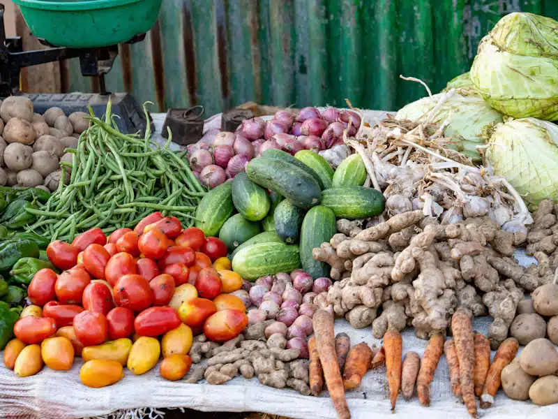 Balanza de mercado con verduras utilizadas para planificar porciones alimentarias