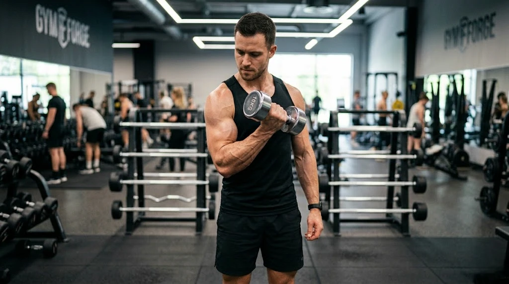 Hombre ejecutando curl martillo cruzado hacia el pectoral contrario para estimular el músculo braquial
