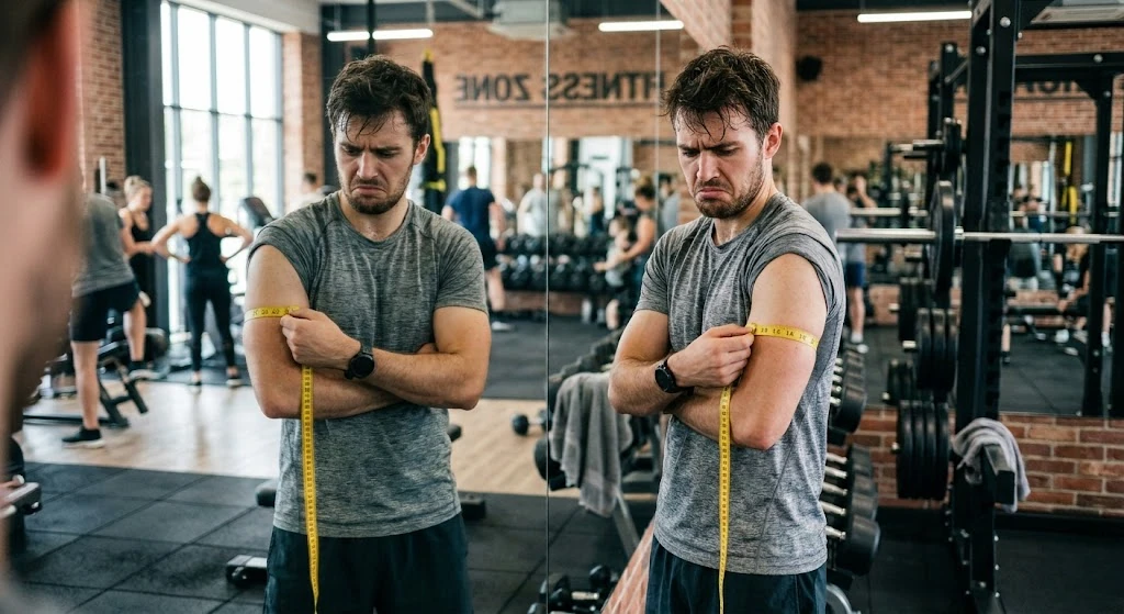 Hombre midiendo su brazo con cinta métrica frustrado porque sus ejercicios para los brazos no dan resultados