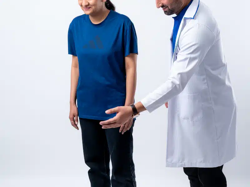 Fisioterapeuta supervisa el equilibrio de una paciente sobre una plataforma estable