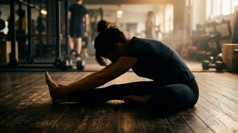 Deportista-realizando-estiramientos-post-entreno-en-el-suelo-del-gimnasio