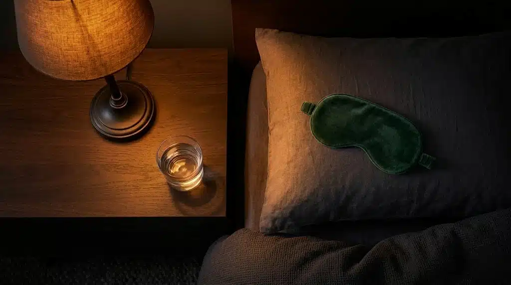 sueno-deportista-habitacion-oscura-lampara-calida-mascarilla-almohada-descanso