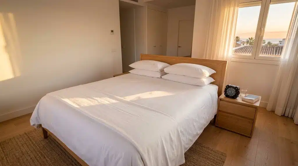 horas-de-sueno-deportistas-cama-blanca-reloj-despertador-amanecer-rendimiento