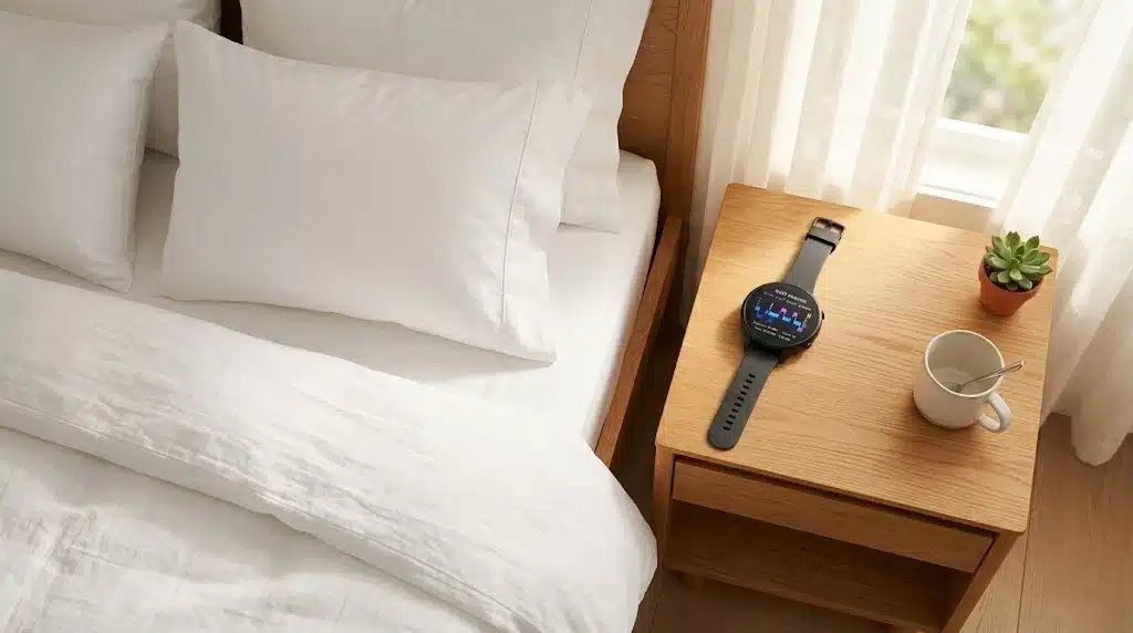 sueno-y-rendimiento-deportivo-cama-blanca-reloj-deportivo-amanecer-descanso-atleta