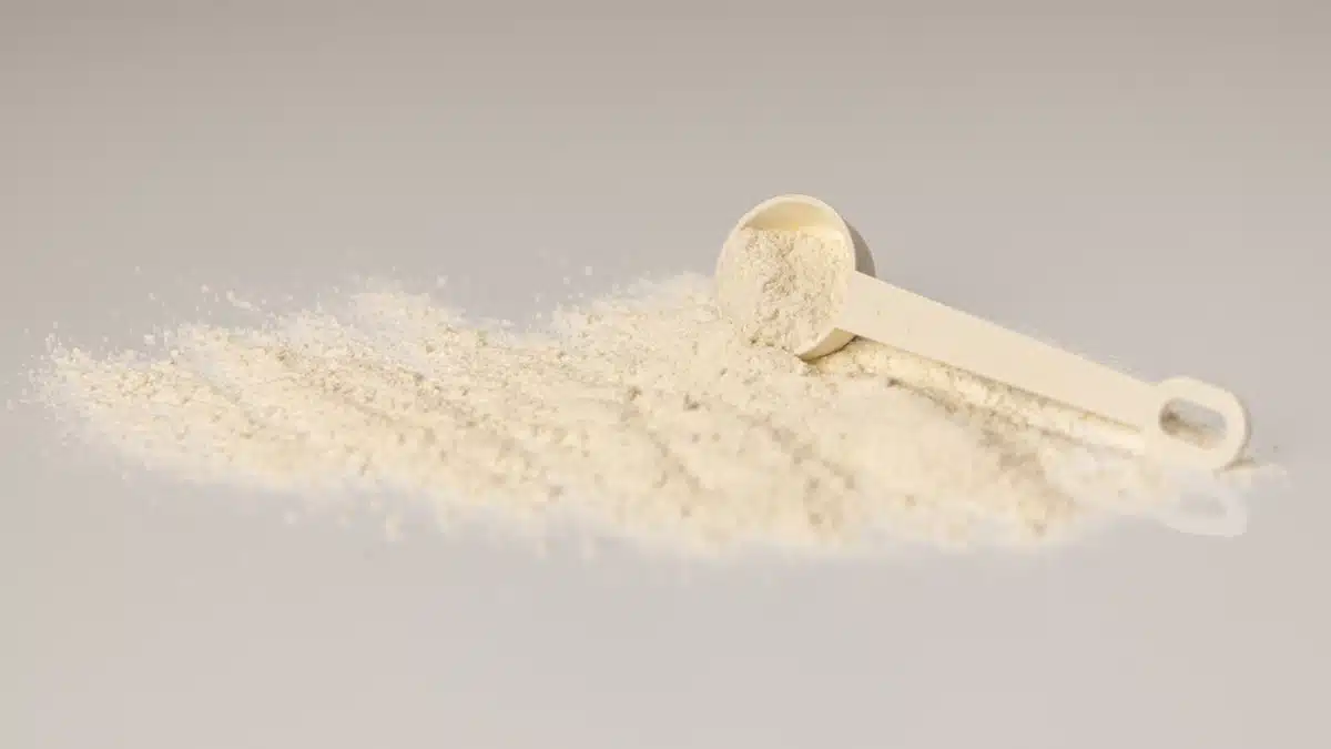 Cazo medidor de suplemento nutricional junto a una cantidad de polvo
