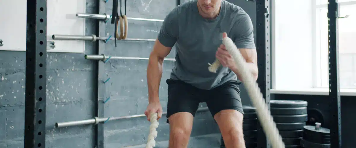Deportista utiliza cuerdas de entrenamiento para realizar esfuerzos musculares repetidos