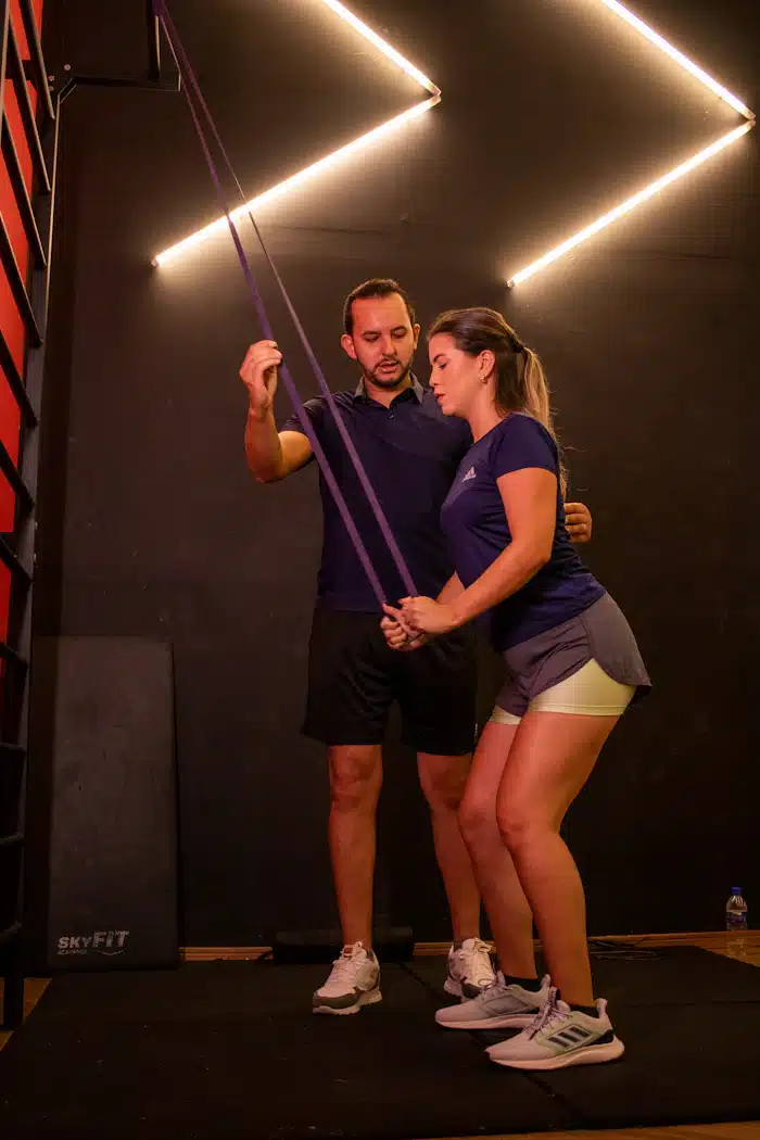 Monitor deportivo corrigiendo un ejercicio durante una sesión de gimnasio