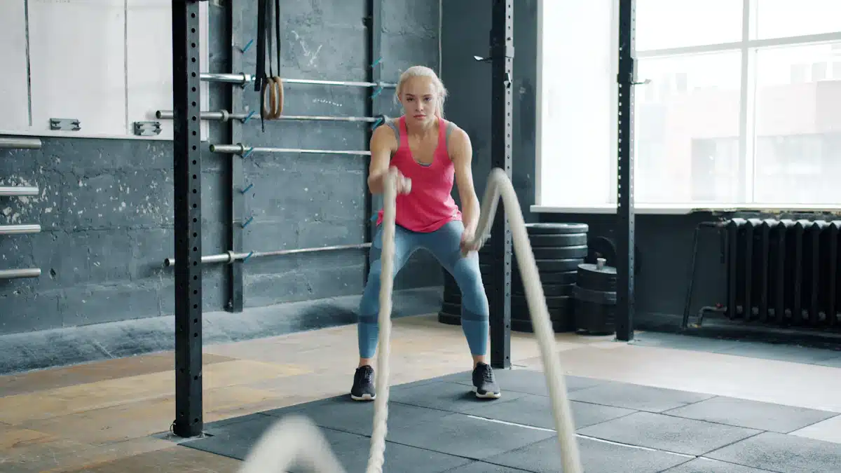 Mujer ejecutando un ejercicio cardiovascular con cuerdas de batalla
