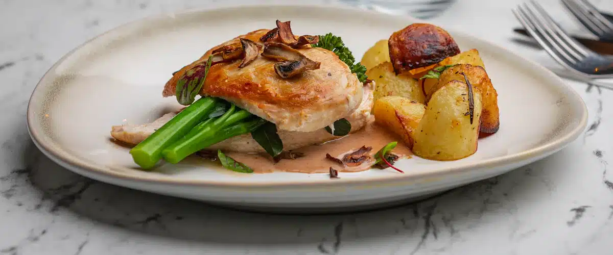 Pechuga de pollo a la plancha acompañada de verduras en plato blanco