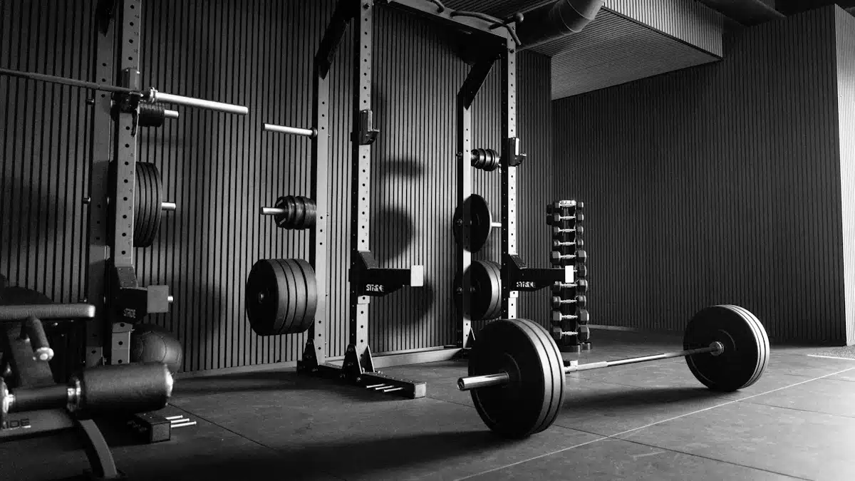 Rack de potencia preparado para una sesión de entrenamiento de fuerza