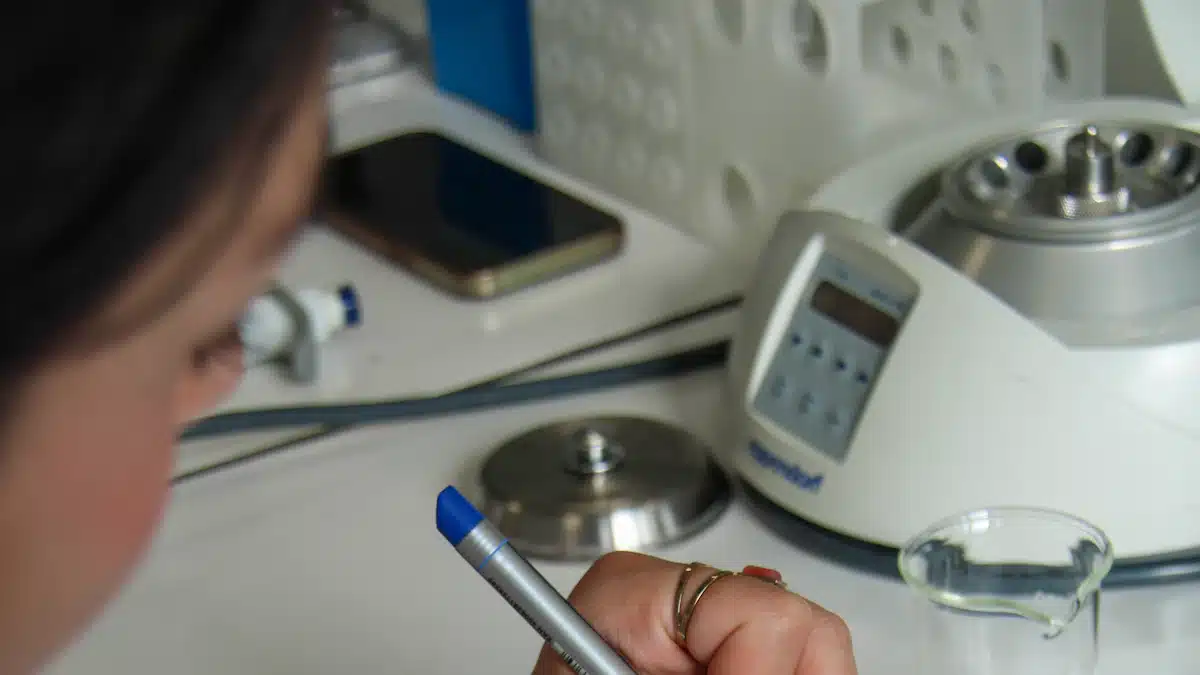Técnico de laboratorio revisa anotaciones junto a pequeñas muestras de investigación